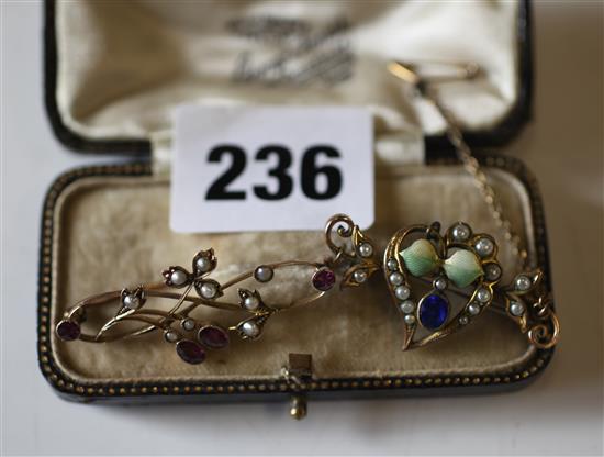 2 Victorian gold gem set & seed pearl brooches